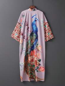 复古超大加大码中长款和服罩衫，夏季沙滩防晒罩衫，适合泳衣比基尼 - 紫色 - 查看 2