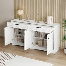 Meuble de Rangement 160x40x85 cm - Buffet de Salon avec 2 Tiroirs - Table d'Appoint au Design Courbé et Poignée Noire - 2 Grands Compartiments Fermés - 7 Espaces de Rangement au Total - Blanc - Voir 6