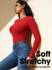 1pc Women's Seamless Black Round Neck Long Sleeve Jumpsuit, Sexy Shapewear Jumpsuit For Tummy Control, Waist Training, Body Shaping - Red - View 7