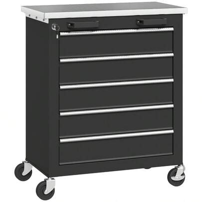HOMCOM Mobiletto portautensili a 5 cassetti, Carrello portautensili con ruote, Carrello portautensili in acciaio, Colore argento+nero