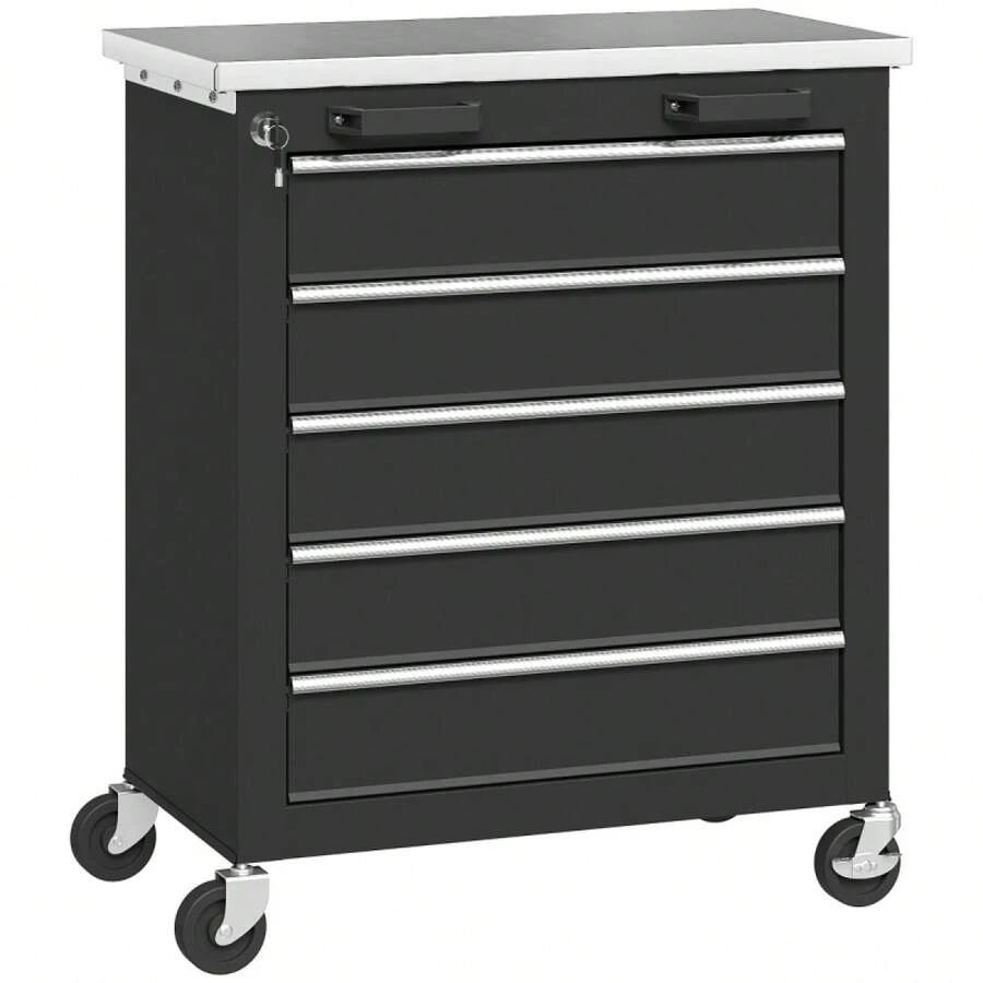 HOMCOM 5 Drawer Tool Cabinet, Rolling Tool Box, Steel Tool Cart, Silver+Black Tone - 1 - View 1