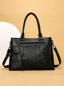 1 件女士纯色复古手提包，大容量托特包，带多个拉链口袋，防水 PU 双提手便携式户外休闲商务多功能单肩包，缝线防盗斜挎包 - 黑色 - 查看 3