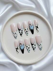Y2K美甲10片装长杏仁形手工按压式美甲贴片 - 哥特式黑白渐变斑马纹美甲贴片和豹纹美甲贴片，饰有3D立体水滴形花朵浮雕，法式美甲贴片，可拆卸可重复使用（含果冻胶和指甲锉），圣诞主题美甲，日常佩戴和派对的完美之选 - 彩色 - 查看 2