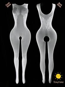 Salopetă sexy din plasă fluorescentă, albastru strălucitor, albă, culoarea luminii zilei, dintr-o singură bucată, cu detalii din dantelă și design fără picioare, pentru petrecere, club de noapte și festivaluri - alb - Vizualizare 5