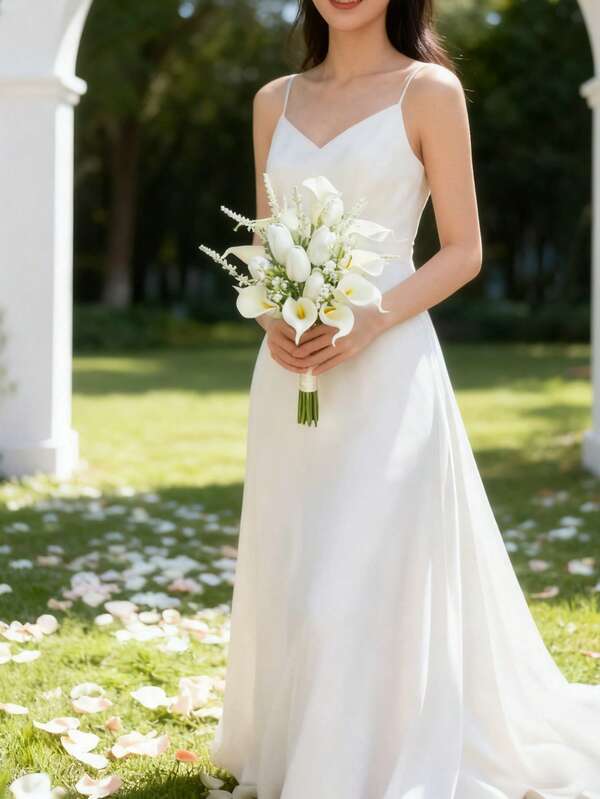 باقة عروس اصطناعية، باقة عروس من زنبق الكلا لمسة حقيقية، باقات زفاف للعروس والوصيفات، ترتيبات زهور بيضاء للزفاف، لوازم الزفاف