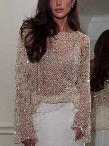 Yuwenier Sexy Hollow Out Sheer Sequin Embellished Crochet Cover-Up Batwing Long Sleeve Loose Fit Tops Rave Party Outfits For Women - Apricot - View 4