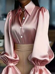 Women Satin Button Down Shirts Long Sleeve Lapel V Neck Blouse Spring Summer Fall Lantern Loose Casual Office Business Work Tops Outfits - Pink - View 4