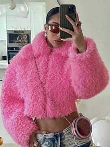 Tricou elegant și la modă pentru femei, stil universitar, simplu, stilat, casual și versatil, cu mânecă lungă, roz, ondulat, cu rever rafinat din imitație de lână, design cu fermoar central în față, rezistent la vânt pe spate, material din imitație de blană, potrivit pentru Halloween, Ajunul Crăciunului. - Roz - Vizualizare 7