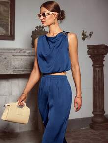 Sollinarry 女士夏季休闲无袖立领金属扣装饰上衣搭配抽绳腰带可调节下摆宽松长裤两件套，适合外出、度假、音乐节等场合。 - 藏青色 - 查看 3