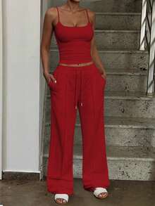 Casual Versatile Solid Color Camisole & Sweatpants Set Summer Red Elegant - Red - View 6