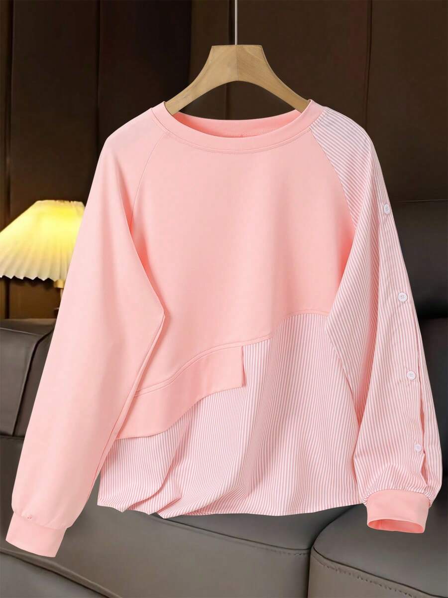 1 pezzo Camicetta da donna a righe con patchwork, colore a contrasto, costine, bottoni, adatta per uso quotidiano, primavera/autunno, colori: bianco, nero, blu, rosa, verde, giallo - Rosa - Visualizzare 1