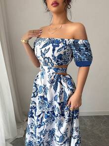 Women's Dresses, Printed Maxi Dress With Off-The-Shoulder And Waist Detail, Retro Resort-Style Dress With A Fitted Waist, Boho-Style Maxi Dress That Slims The Silhouette. - 查看 6
