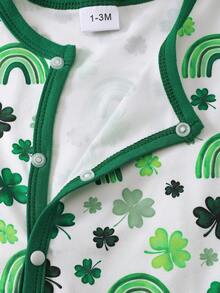 1pc Baby Boys' Green Four-Leaf Clover Print Hooded Front Snap Closure Romper + Hat Set - Green - View 8