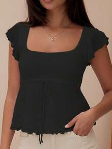 Women's Solid Color Cropped Square Neck Top With Bow Tie, Ruffle Cuffs, Flared Hem, And Slim Fit, Y2K Cute Style And French Elegant Style, Simple Versatile Design, Perfect For Everyday Outings, Street Style Photos, City Walks, Cafe Dates, Concerts, And Valentine's Day Outfits - 黑色 - 查看 3