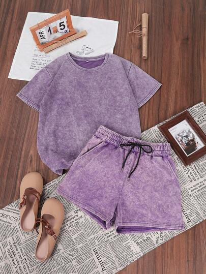 2pcs/Set Women's Cotton Summer Street Fashion Outfit, Korean Vintage Basic Commute Versatile Y2K Style, Suitable For Outdoor Leisure, Regular Niche Punk Purple Fitted Round Neck Short Sleeve Washed T-Shirt And Shorts
