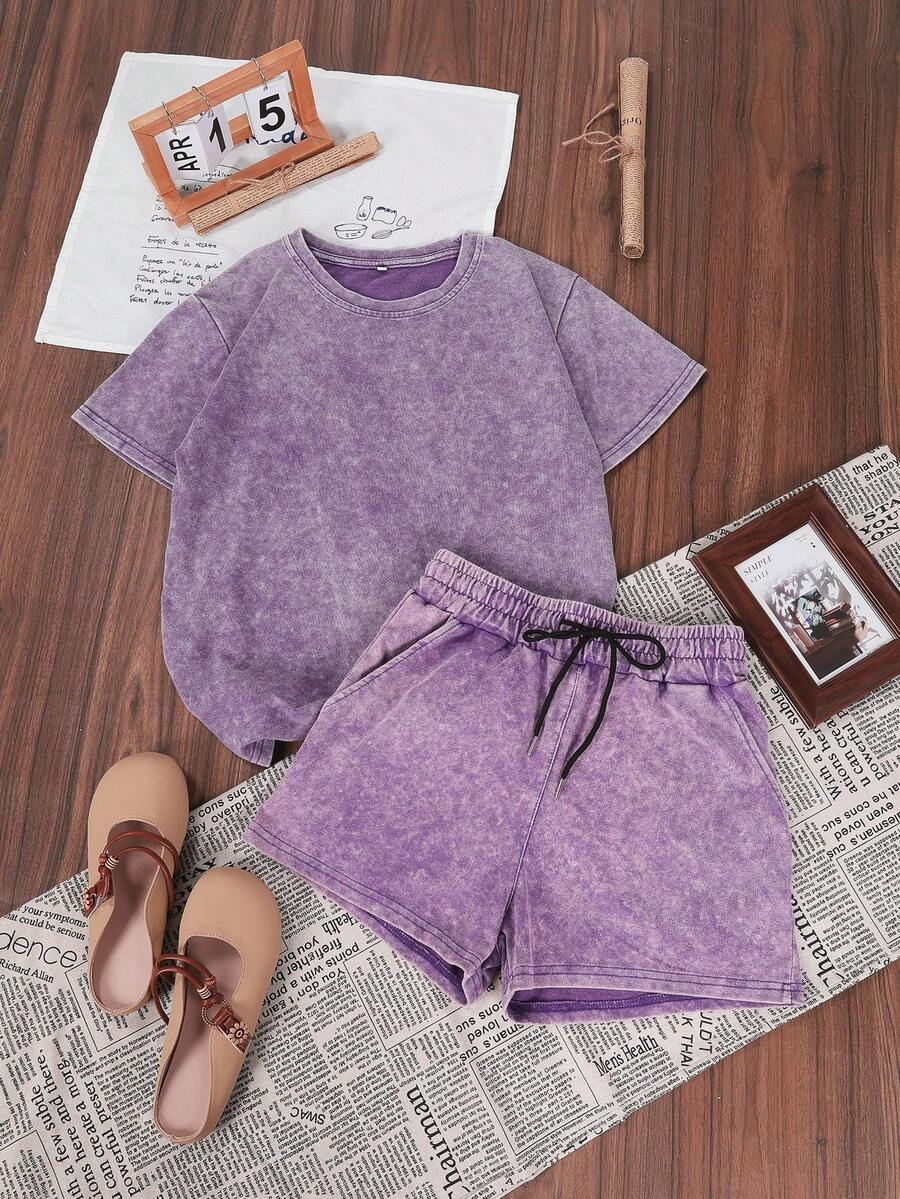 2 peças/Conjunto Roupa de Verão de Algodão Feminina, Estilo Básico Vintage Coreano Versátil para Uso Diário, Adequado para Lazer ao Ar Livre, Camiseta de Manga Curta Roxa Ajustada de Estilo Punk Regular e Shorts - Roxo - Visão 1