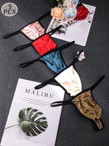 5 PCS Men's Contrast Binding Satin Thong, Low Rise T-Back Underwear, Soft Comfortable Briefs, Summer - 彩色 - 查看 1