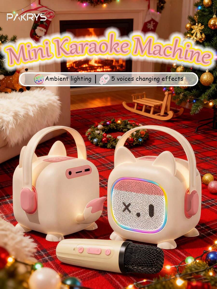 PAKRYS Mini Karaoke Machine With 2 Microphones, Winter & Christmas Gift, Portable Karaoke System Suitable For All Ages, Cute Cat Ear Design With Tail, Colorful LED Lights, Karaoke Speaker, Karaoke Equipment, Wireless Microphone, Ideal For Family Gatherings And Birthday Gifts - Cute Cat Ears and Tail - One Size Fits All - View 1