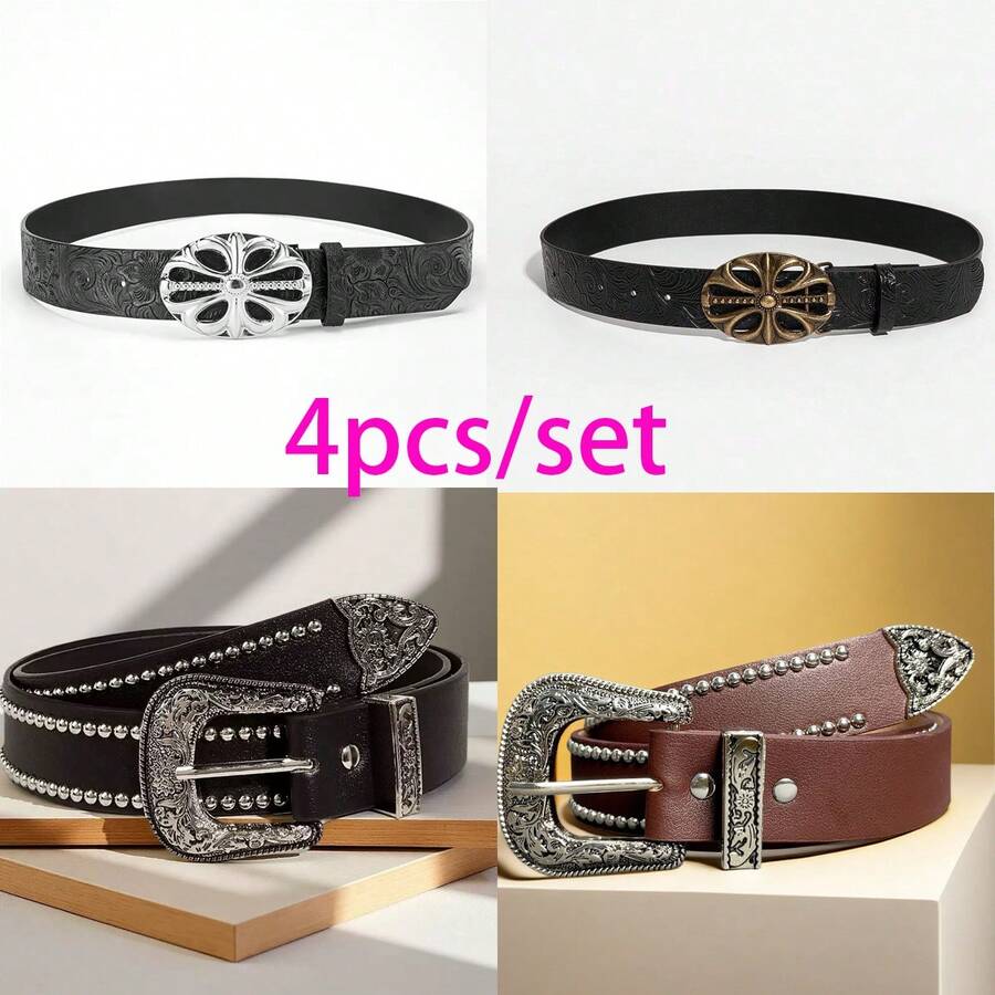 4pcs/2pcs/1pc Punk Western Style Vintage Decorative Belts For Women, Multi-Color, Suitable For Summer, School, Autumn, Christmas, Valentine's Day, Including Rivet Design - Multicolor - View 1