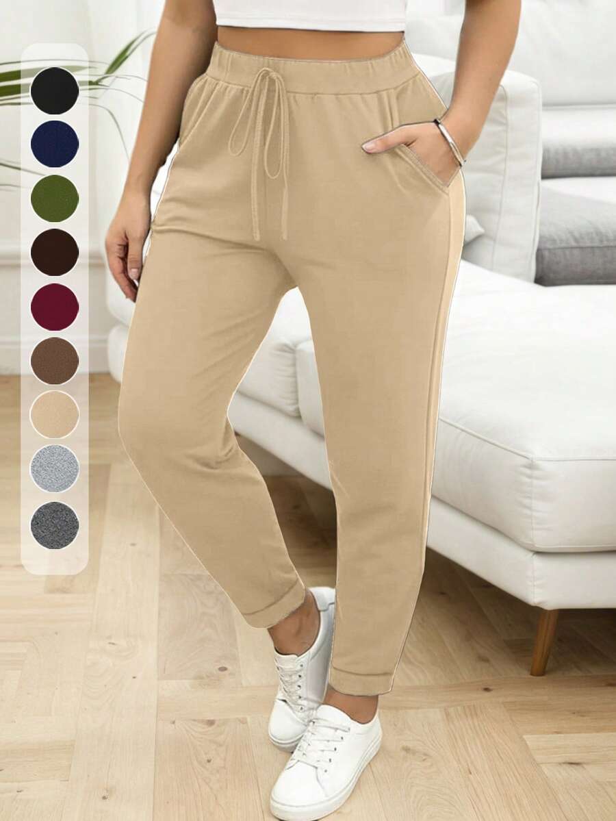 大码女式弹力腰抽绳裤，多种颜色可选，高弹力，休闲运动风，适合朋友聚会、短途旅行、散步和春季健身热身。