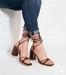 Sandalias negras de tacón grueso con punta cuadrada y cordones para mujer Elegantes sandalias negras de tiras con tacón de bloque y lazo en el tobillo Elegantes sandalias de tacón con cordones y punta cuadrada abierta para mujer - Rojo - Ver 3