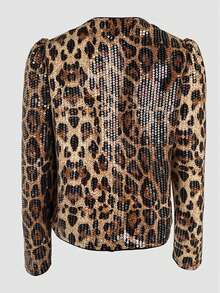 Leopard Print Sequin Fabric Front Open Long Sleeve Jacket Vacation - Coffee Brown - View 3