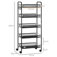 HOMCOM Rolling Trolley, Serving Cart With 4 Shelves And 5 Baskets, Storage Cart With Handle For Kitchen And Living Room In Black Steel