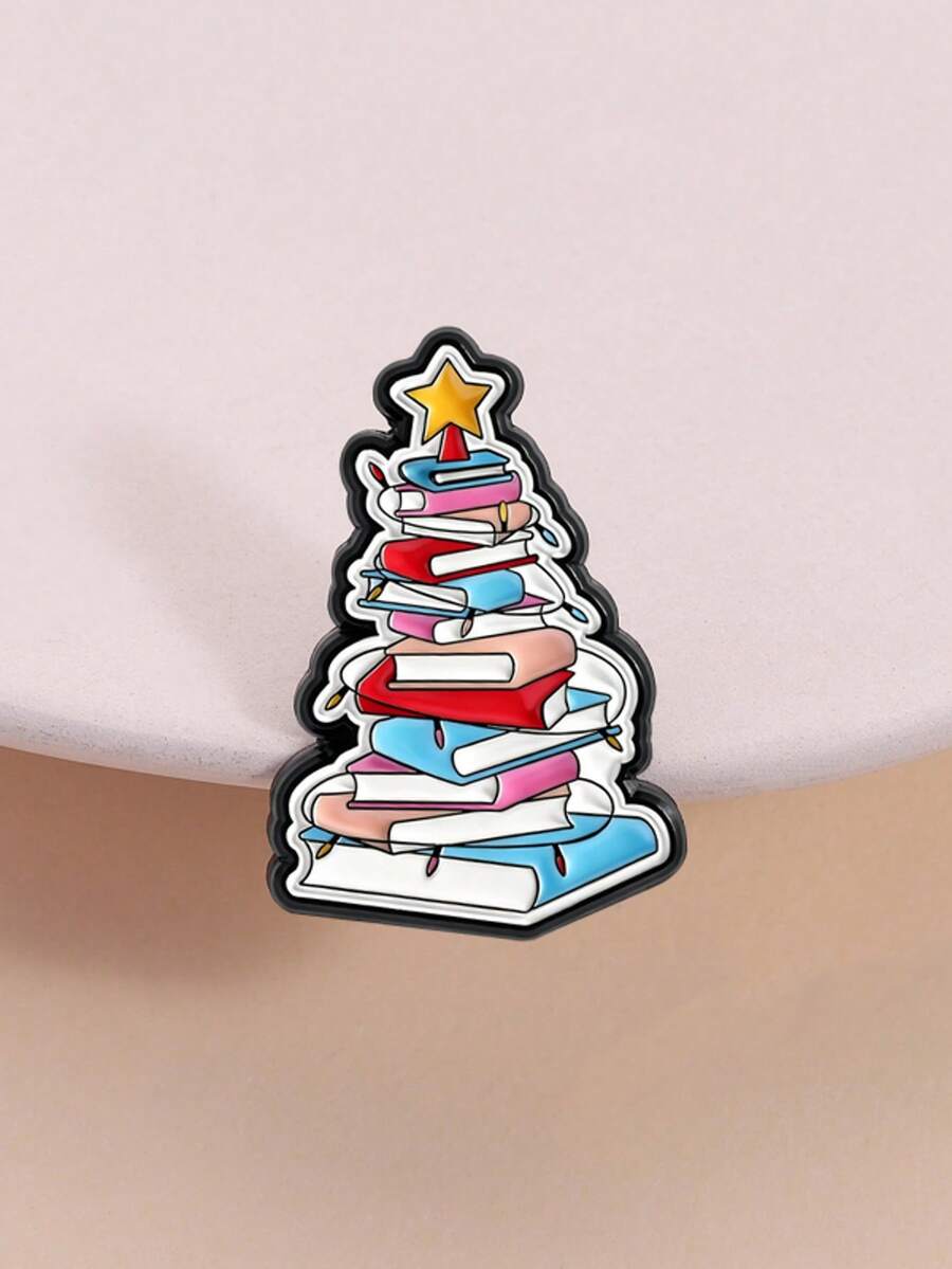 1pc Book Christmas Tree Badge Colorful Meme Style Stacked Books Holiday Design For Book Lovers And Christmas Fans Seasonal Accessory