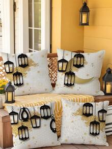 1pc/4pcs Ramadan Polyester Printed Pillow Cover, Moon Candle Flower Pillow Cover, Room Decor, Bedroom Decor, Sofa Chair Decoration (Without Pillow Insert) - Multicolor - View 1