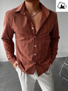 WAIT HIM Men's Striped Single-Breasted Casual Long Sleeve Shirt - Redwood - View 2