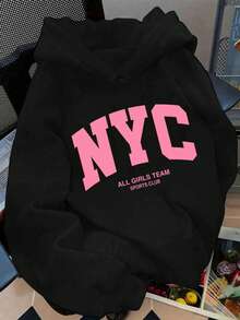 Y2K Style Women's Hoodie, Black, Casual Minimalist Retro American Graphic Print Long Sleeve Pullover Top