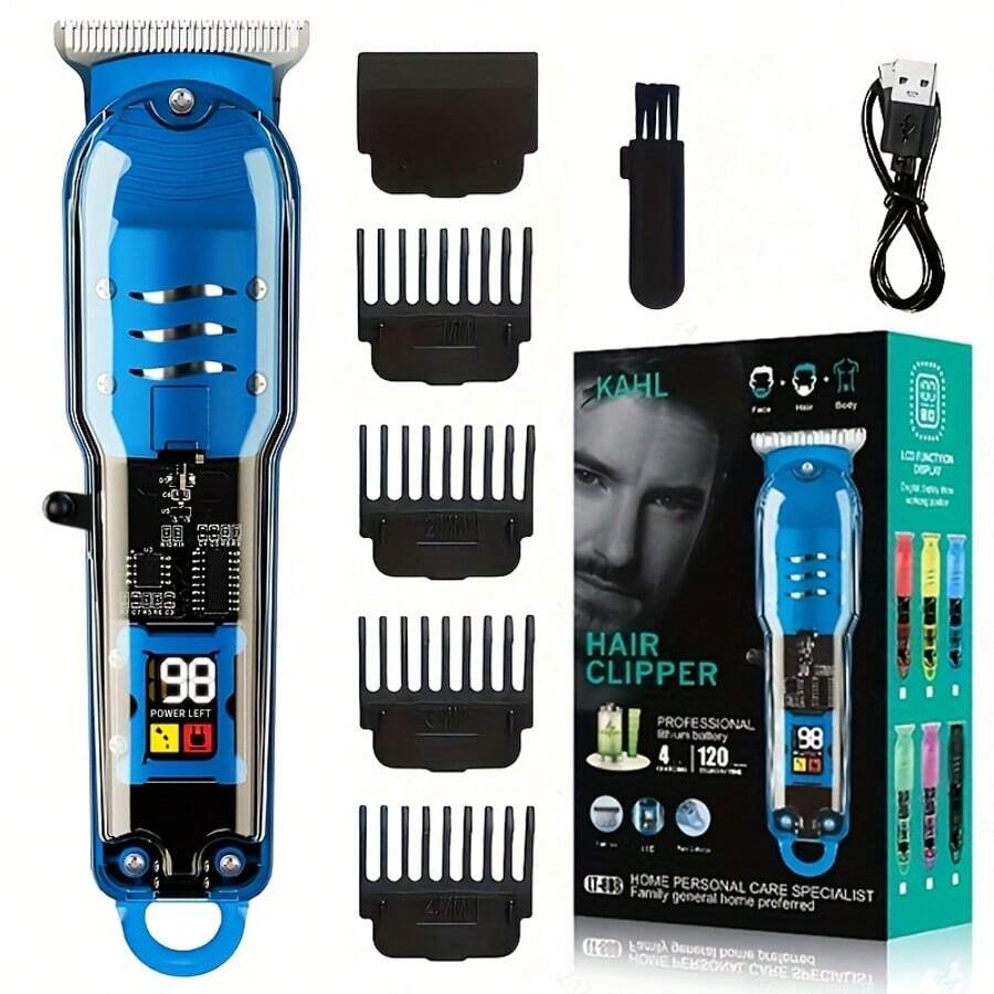 Cordless Hair Clippers For Men – Professional Zero Gap T-Blade Trimmer, Rechargeable, LCD Display, Adjustable Blade & Combs – Home & Barbershop Use (Blue)