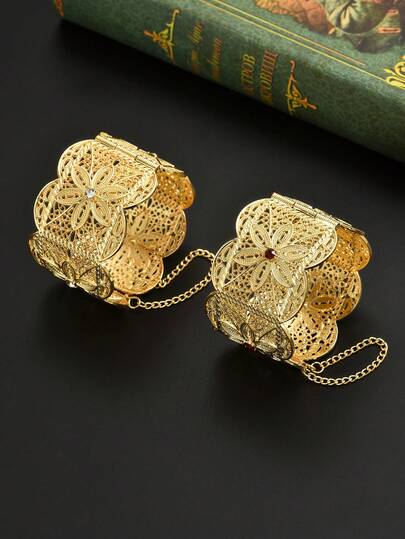 1pc Vintage Plated Gold Middle Eastern Bride Bracelet, Hollow Carved Resin Inlaid Wrist Accessory, Holiday Gift