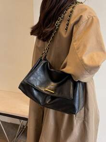 女士单肩翻盖包，柔软PU皮革，时尚优雅复古简约金属配件设计，链条肩带，适合女士、女孩、大学生、休闲、通勤等场合，黑色 - 黑色 - 查看 5