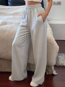 Livesso 女士休闲纯色宽松运动裤 秋季女式慢跑裤 - 淺灰色 - 查看 1