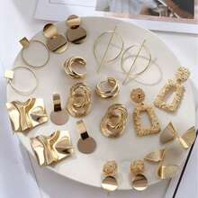 Set de 10 piezas de aretes geométricos dorados de estilo europeo y americano, surtido aleatorio - Amarillo Oro - Ver 6