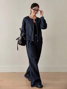 DAZY Bộ 2 món áo khoác nữ cổ tròn cạp chun và quần ống rộng dáng rộng, thường ngày - Màu xanh lam - Xem 2