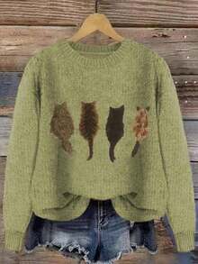Women'S Cozy Cable Sweater With Playful Cat Print - Beige & Brown, Loose Fit, Long Sleeve, Round Neck, Casual Fall/Winter Top, Casual Winter Wear | Playful Cat Design | Construction, Cat Sweater - 綠色 - 查看 5