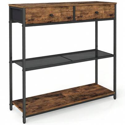 VASAGLE Narrow Console Table With 2 Fabric Drawers, 3-Tier Entryway Sofa Table, 24 X 76 X 80 Cm, For Hallway, Living Room, Rustic Brown And Ink Black