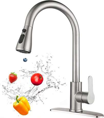 1 Pc Kitchen Tap With Pull-Down Spray Head   Single-Lever High-Arc Commercial Stainless Steel Brushed  Nickel Finish Kitchen Sink Tap Suitable For Laundry Rv Bar Farmhouses  Single Hole Deck Mount With 8-Inch Round Cover Plate
