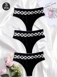 3条装女士黑色渔网丁字裤，性感镂空丁字裤 - 黑色 - 查看 1