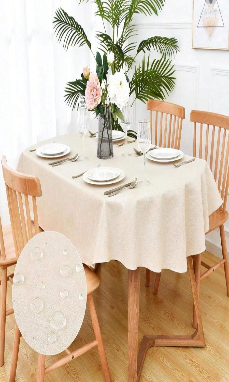 Faux Linen Oval Tablecloth Farmhouse Waterproof Neutral Table Cloth Washable Table Cover For Indoor Outdoor Home Kitchen Dinning Room Banquet 60 X 84 Inch - MàuH - Xem 1