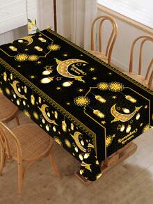 1件斋月涤纶桌布，饰有金色月亮、灯笼和星星图案，适用于斋月装饰、开斋节家居、厨房、餐厅、室内外餐桌装饰、宰牲节庆祝活动用品以及伊斯兰斋月家居装饰。 - 彩色 - 查看 2