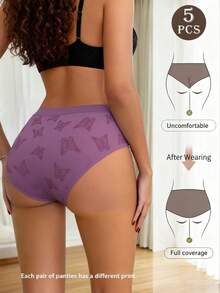 Set de 5 piezas/paquete Bragas cómodas de mujer con estampado de bajo corte y acanalado sin costuras - 5 colores - Ver 3