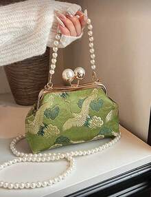New Retro Green Fabric Faux Pearl Chain Clutch Bag, Women Versatile Shoulder Handbag For Party And Daily Use, Elegant Pearl Bag - Green - View 5