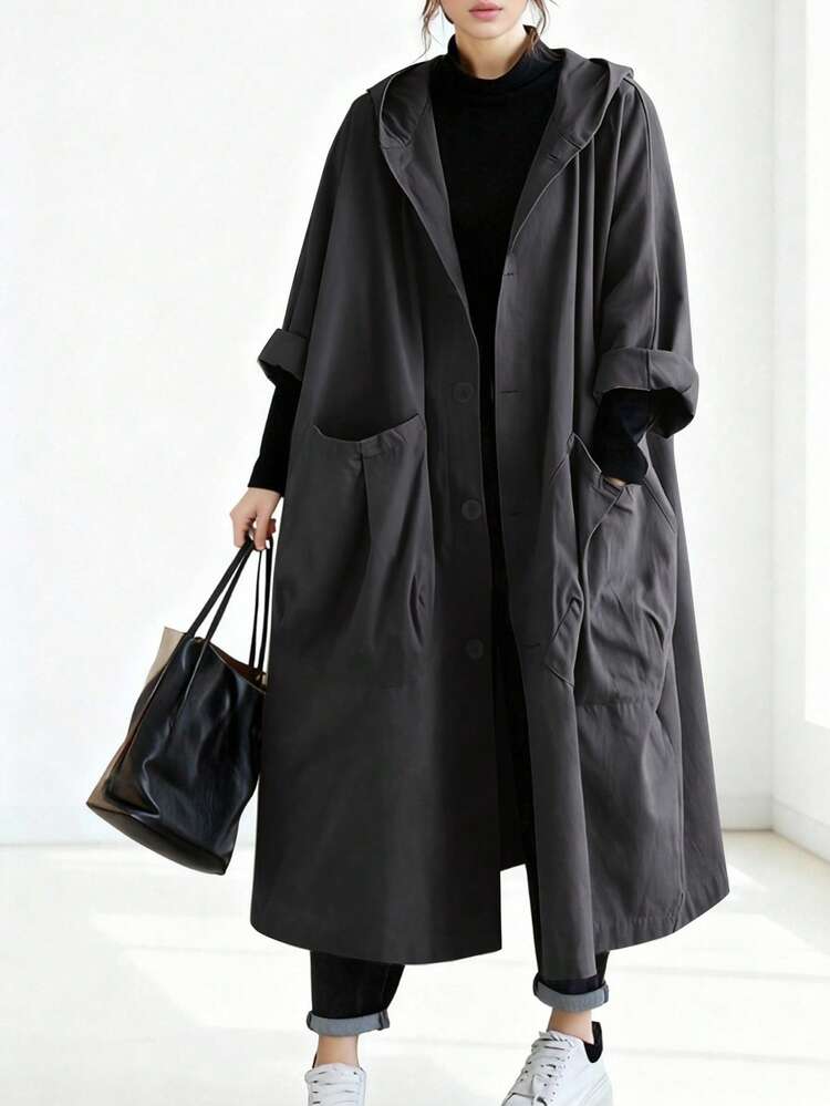 Oversized Lightweight Long Trench Coat For Women, National Style, With Large Pockets, Button Front, Hooded, Casual & Versatile, Autumn/Winter Spring - Dark Grey - View 1