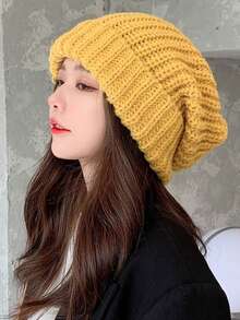 1pc Women's Knitted Beanie Hat, Thick Warm Casual Slouchy Hats, Versatile Solid Color Beanies For Autumn/Winter