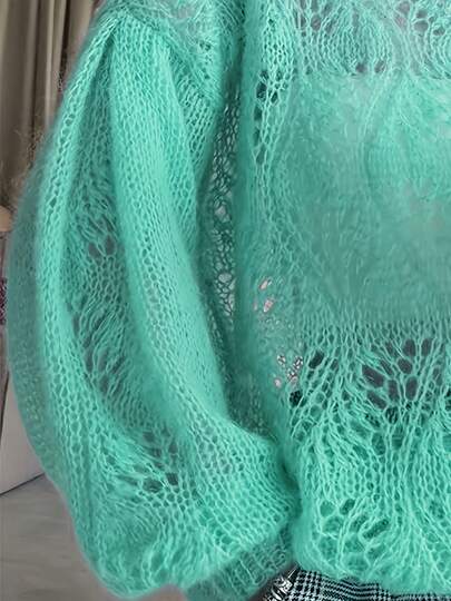 1pc Solid Color Knitted Hollow Out Ribbed Plus Size Women Dress, Suitable For Holidays, Spring/Autumn