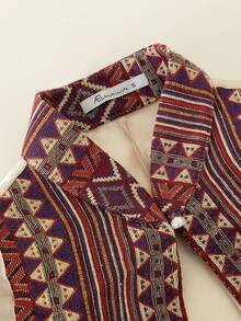 Amyenjoylife 女式春夏花卉菲律宾复古风格优雅泡泡袖立领纽扣前开襟衬衫，现代菲律宾风格 - 紅色 - 查看 3