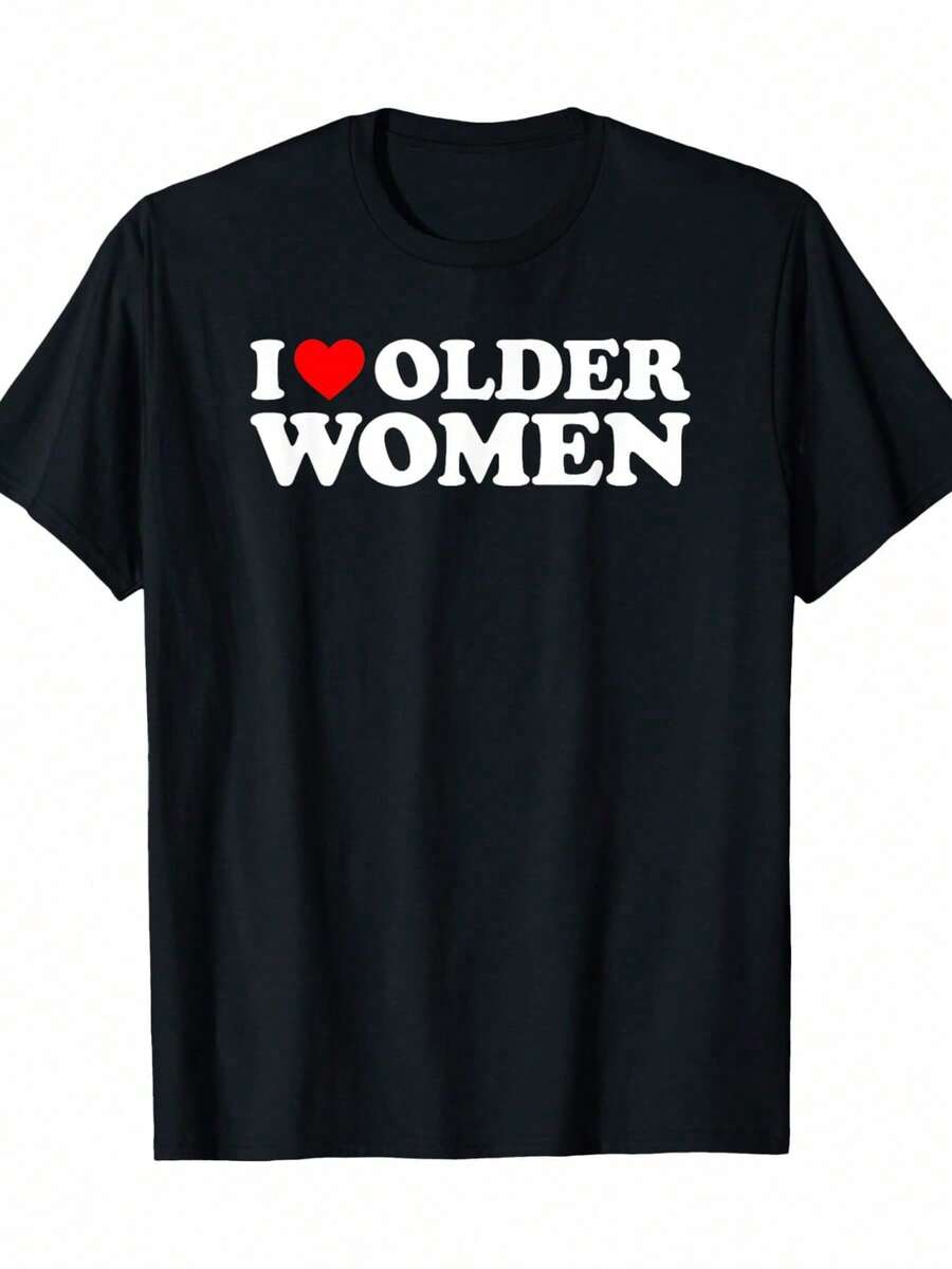T-shirt graphique "Leur amour pour les femmes plus âgées" - 100% coton, manches courtes, col rond, coupe décontractée et confortable, noir avec texte blanc et design de cœur rouge, T-shirts pour femmes - Noir - Voir 1